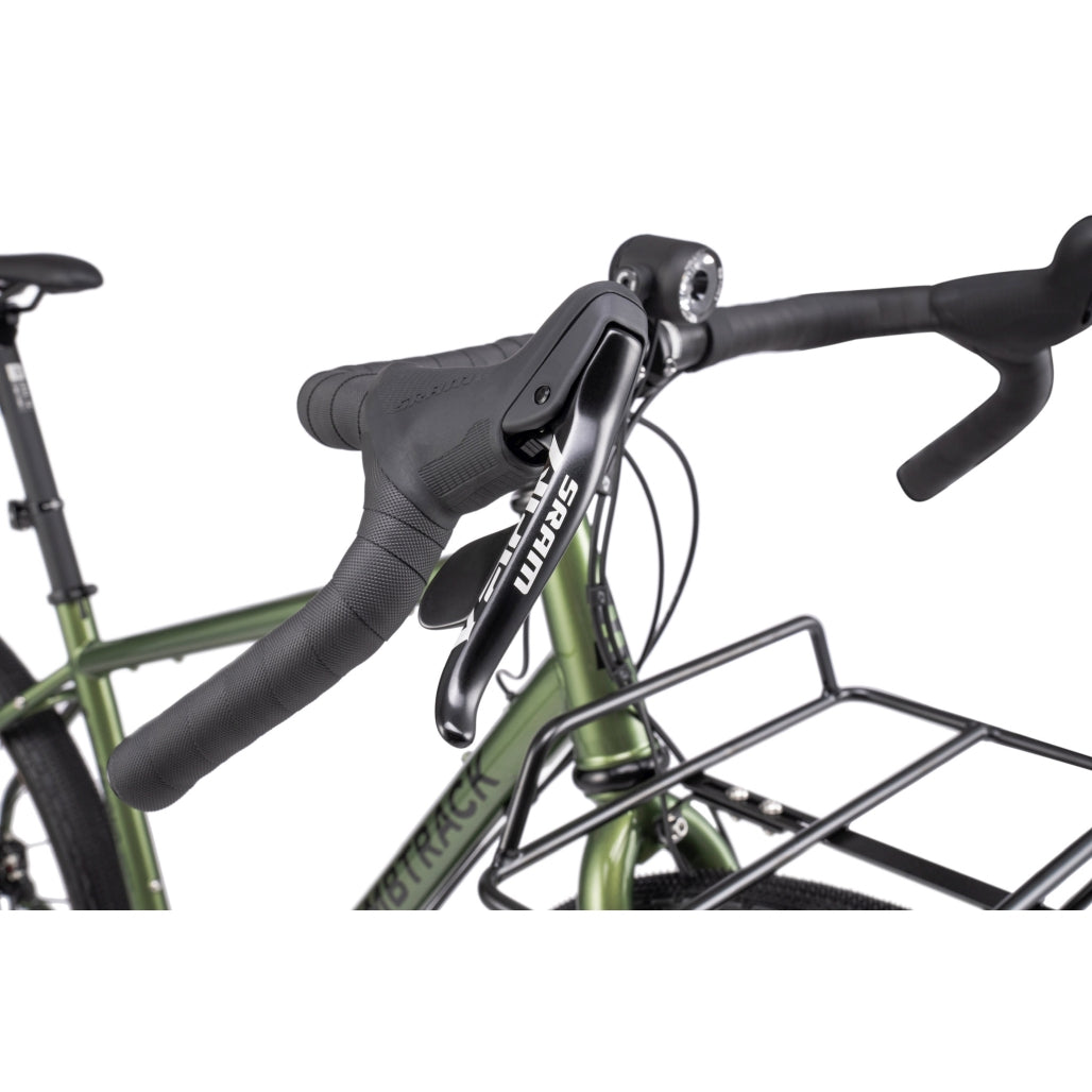 Bombtrack Beyond 2 — Metallic Green — handlebar controls and rack