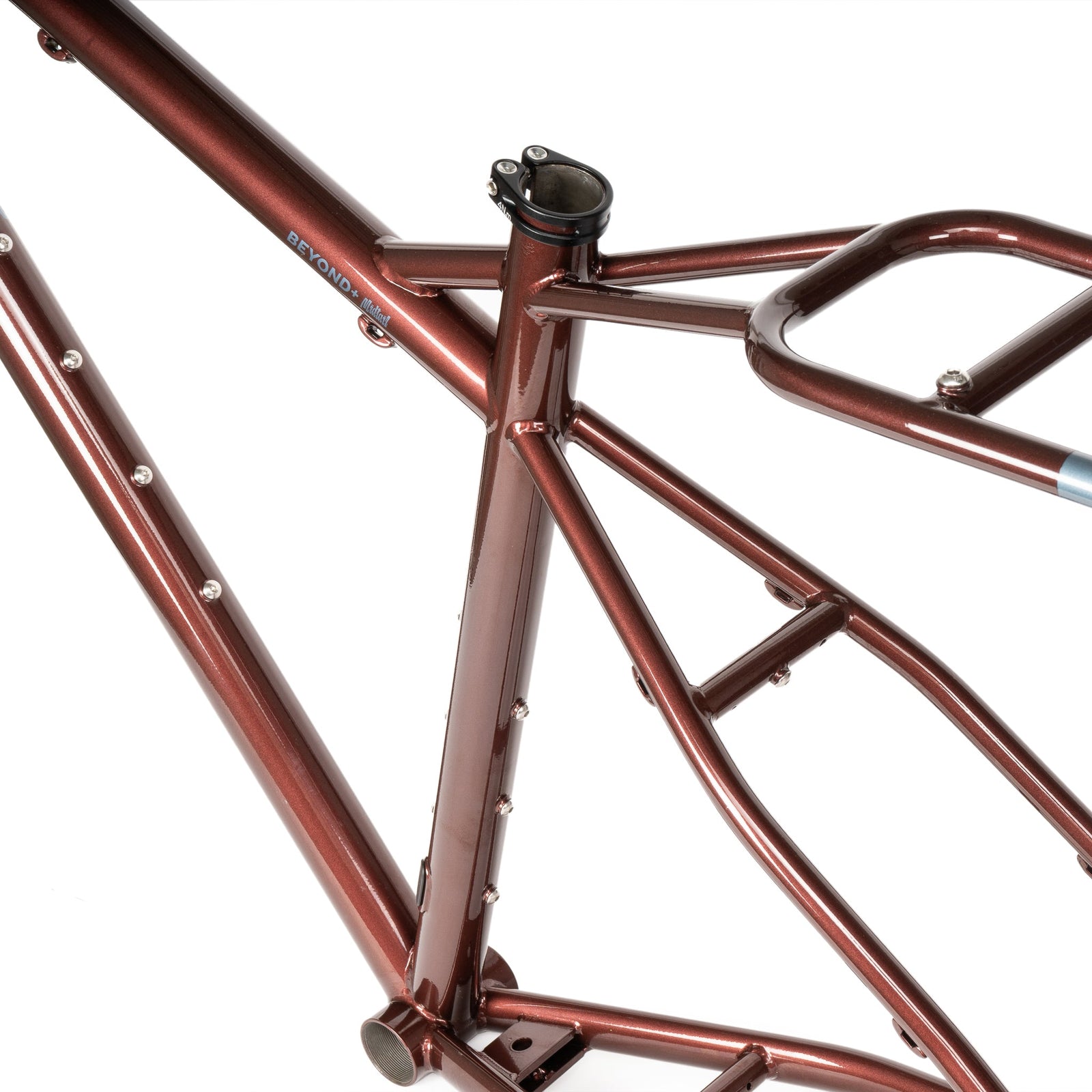 Bombtrack Beyond+ Midtail metallic burgundy frame, seat tube and rack junction detail