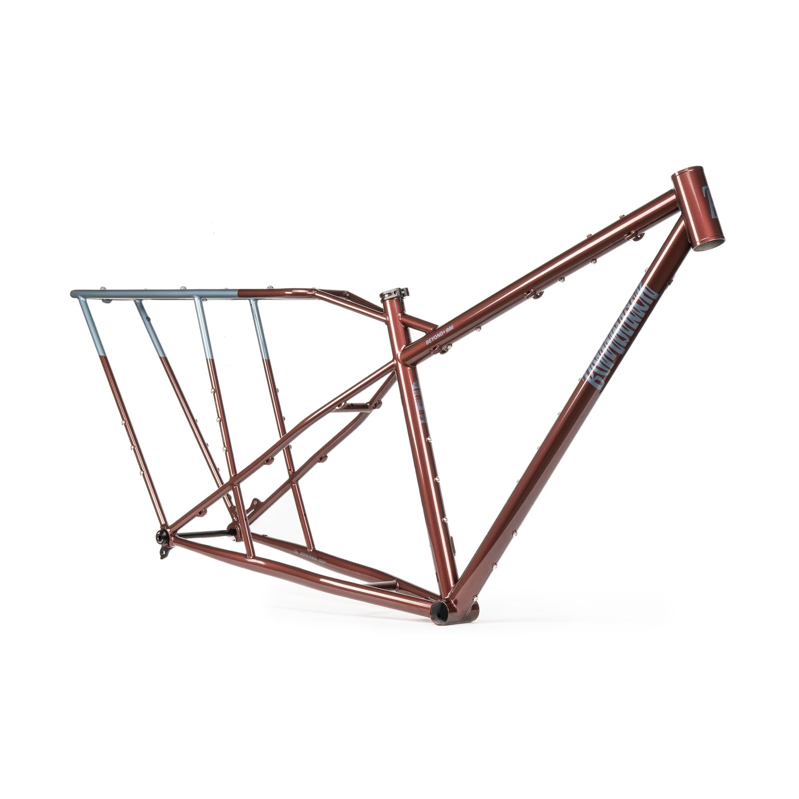 Bombtrack Beyond+ Midtail frame in metallic burgundy, front three-quarter view; frame only