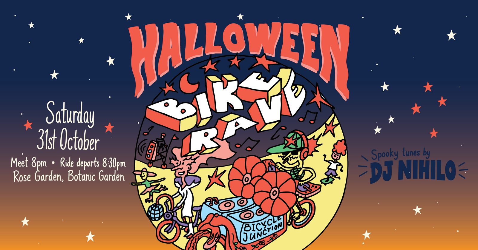 Halloween Bike Rave: Saturday 31 October, meet 8pm at the Rose Garden, ride departs 8:30pm. Spooky tunes by DJ Nihilo.
