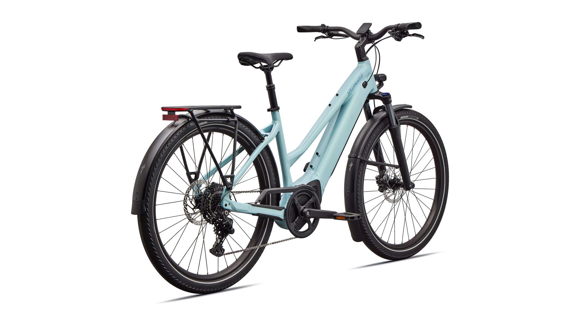 Light blue electric bicycle on a white background