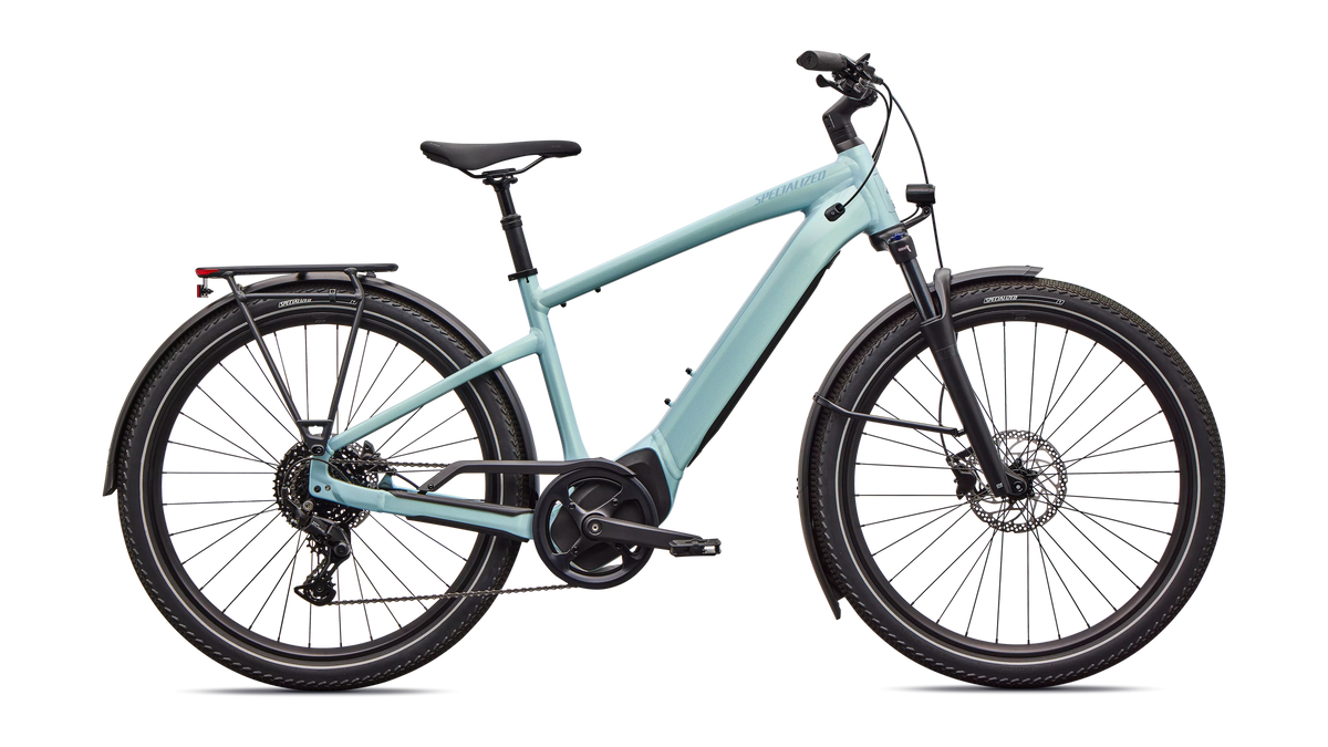 Light blue electric bicycle on a white background